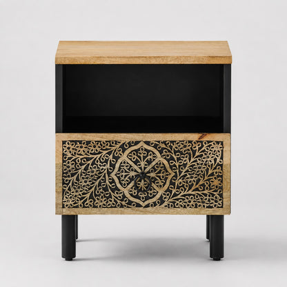 Vue de face d'une table de chevet design avec tiroir sculpté, élégante et fonctionnelle.