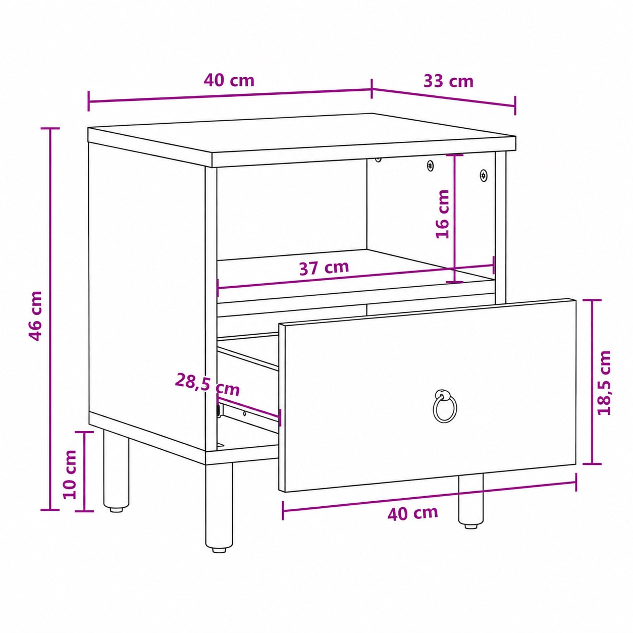 Dimensions d'une table de chevet design avec tiroir, compacte et adaptée aux petits espaces.