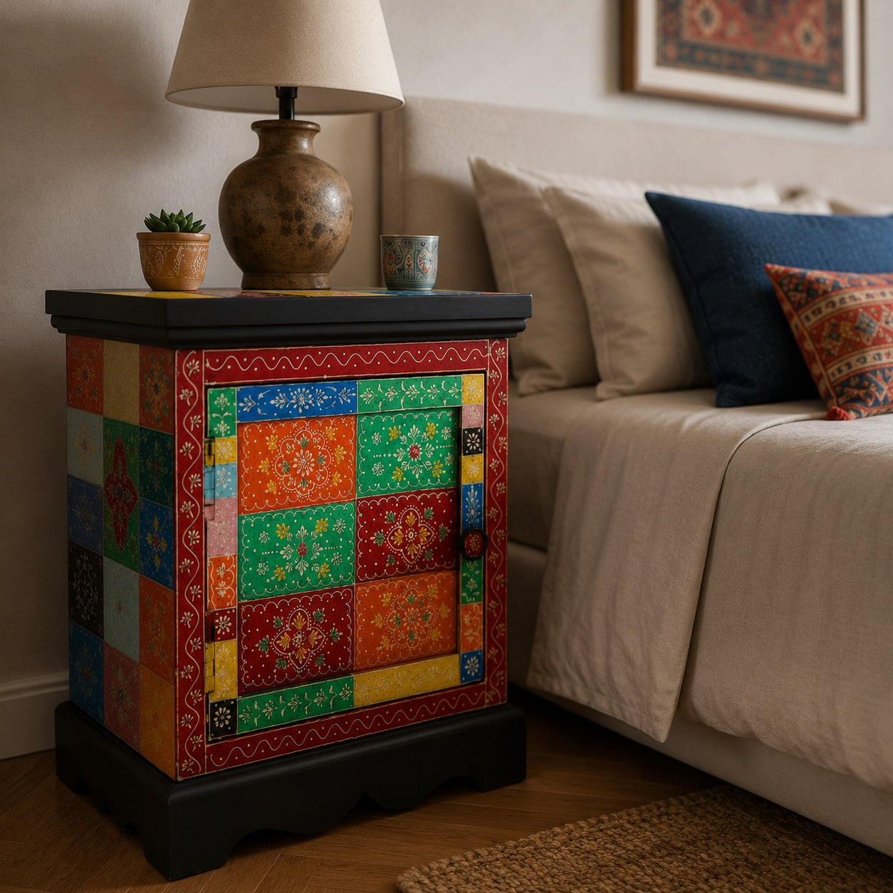 Table de chevet design en bois avec motifs artisanaux, parfaite pour une chambre élégante et colorée.