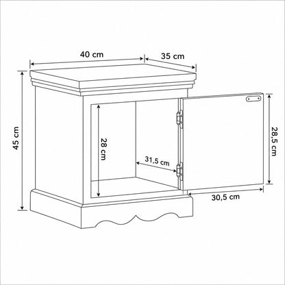 Dimensions de la table de chevet design en bois avec porte, largeur 40 cm, profondeur 35 cm, hauteur 45 cm.