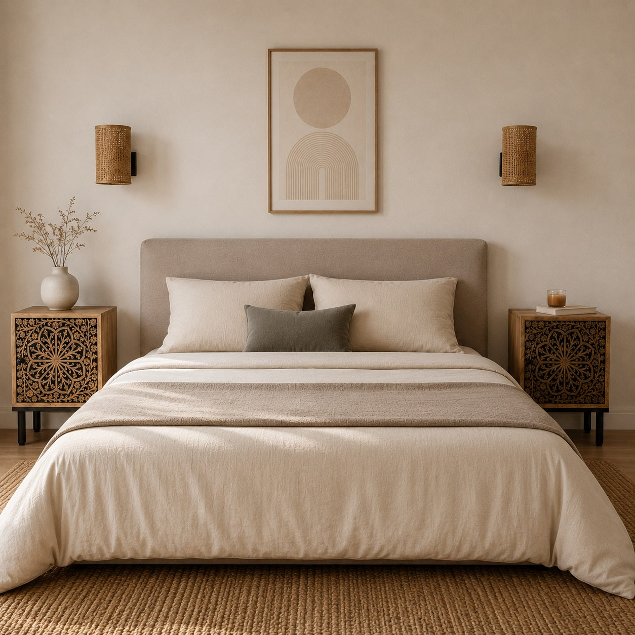 Deux tables de chevet en bois design avec façade sculptée, de part et d'autre d'un lit contemporain.