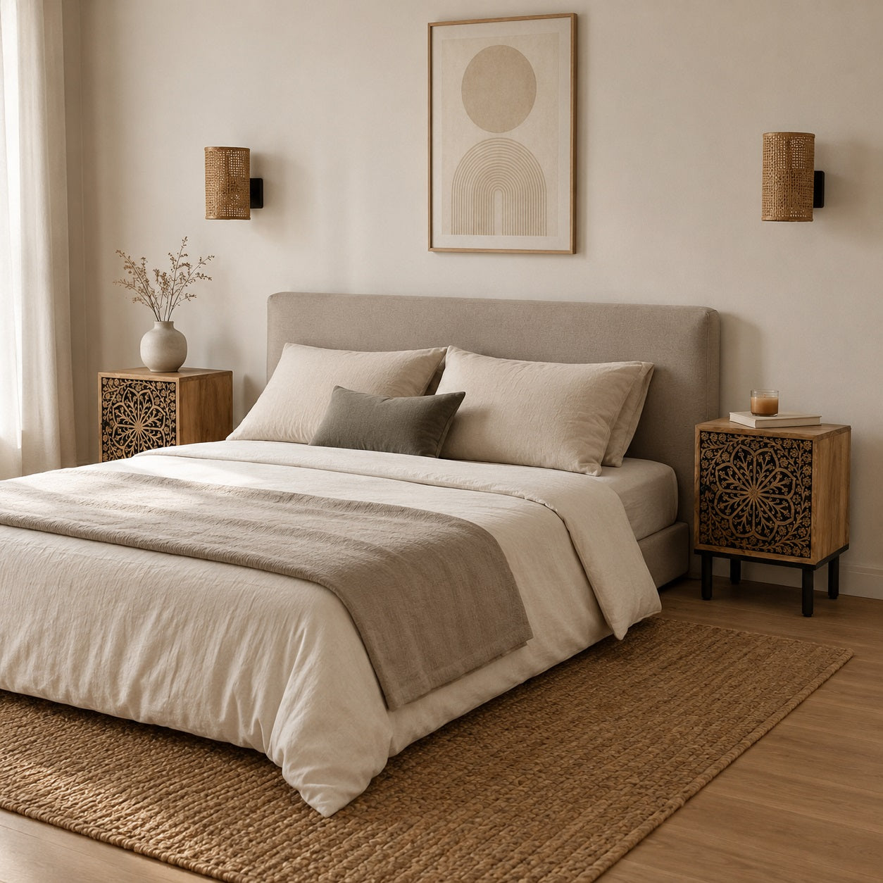 Table de chevet en bois design intégrée dans une chambre élégante, avec façade sculptée artisanale.
