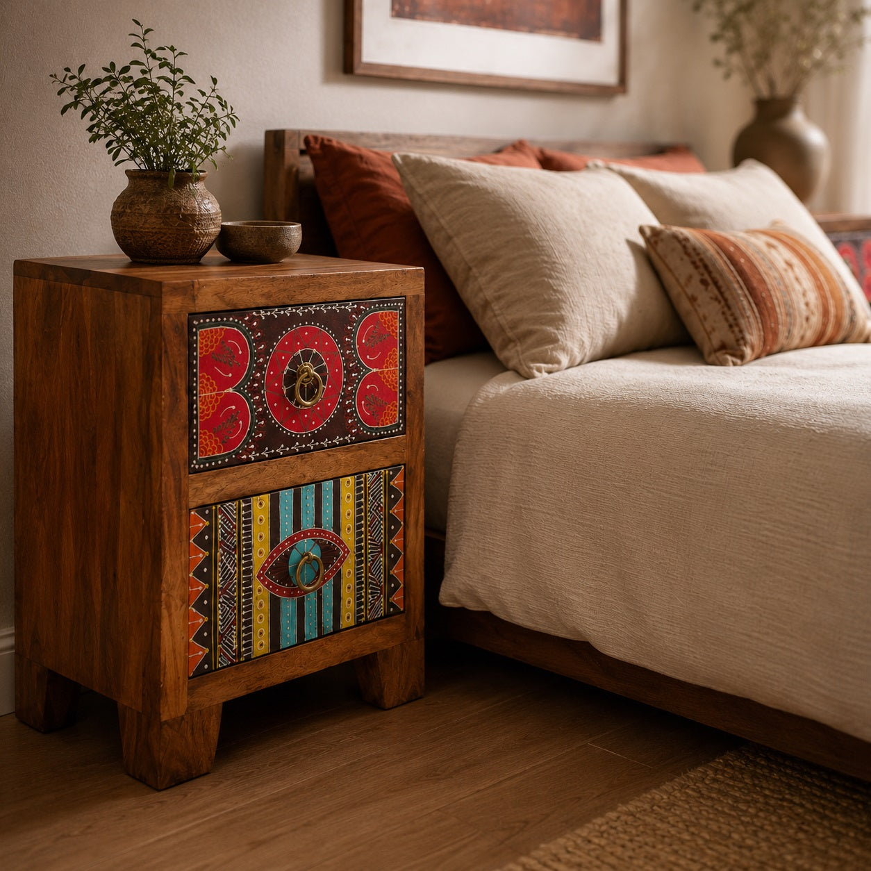 Table de chevet design en bois avec façades artisanales peintes et rangements pratiques pour chambre1.