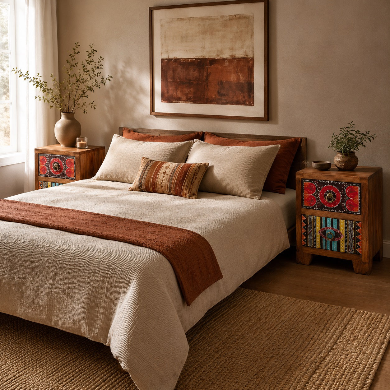 Table de chevet design en bois dans une chambre bohème chaleureuse avec deux tiroirs décorés à la main.