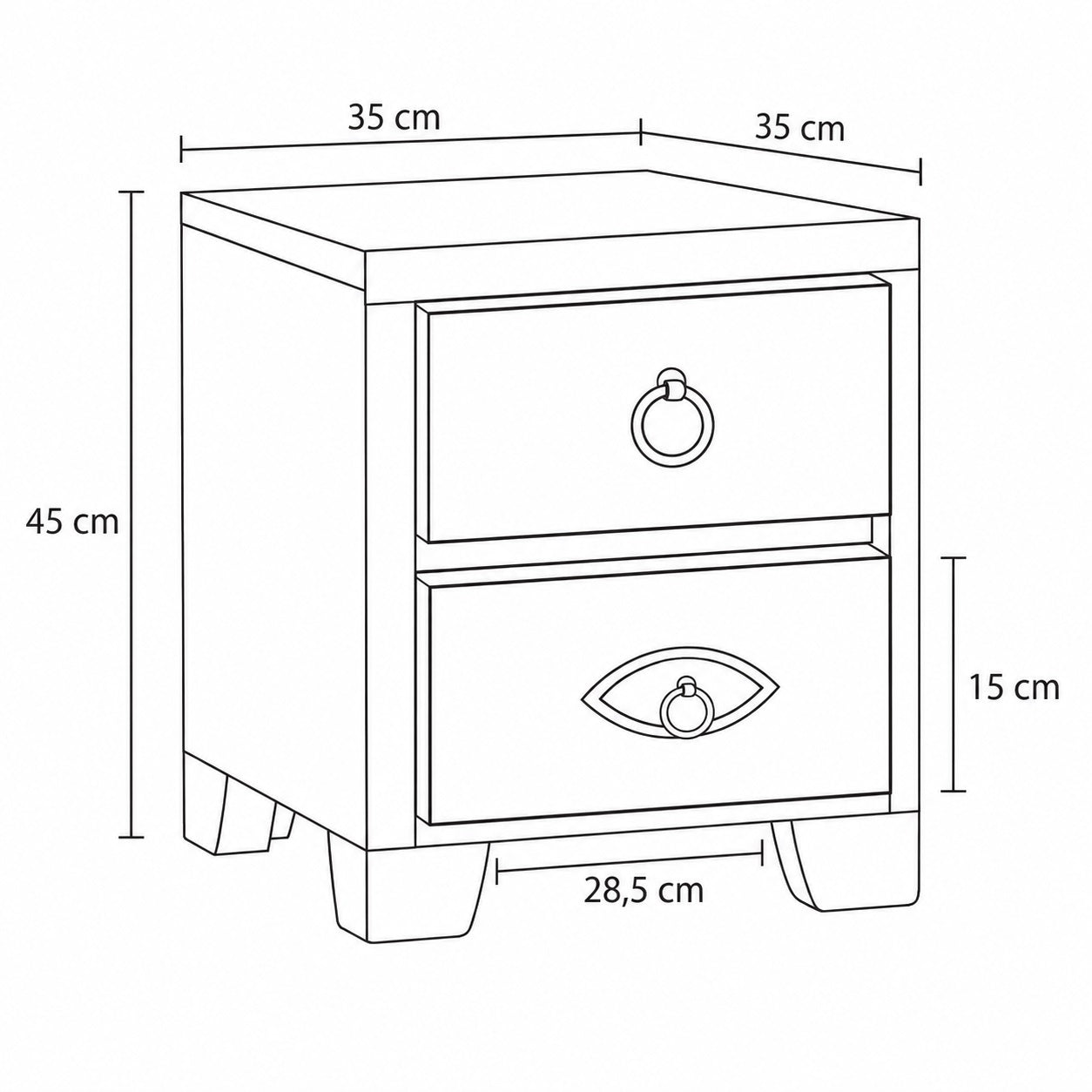 Dimensions de la table de chevet design en bois avec deux tiroirs et format compact de 45 cm.