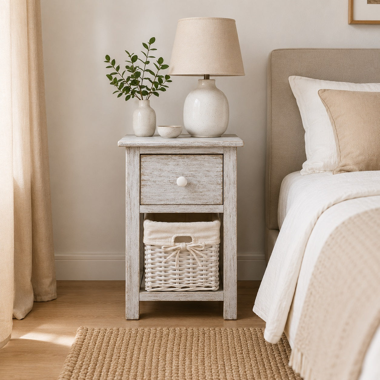 Vue de face d'une table de chevet en bois design avec panier en osier dans une chambre cosy.