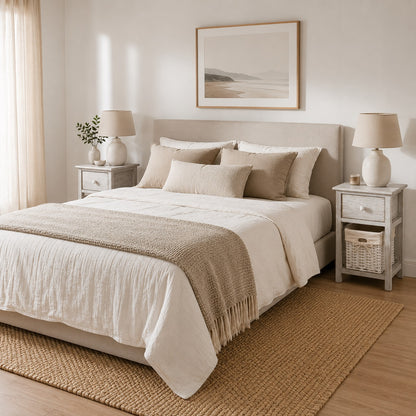 Table de chevet en bois design intégrée dans une chambre lumineuse au style naturel et chaleureux.