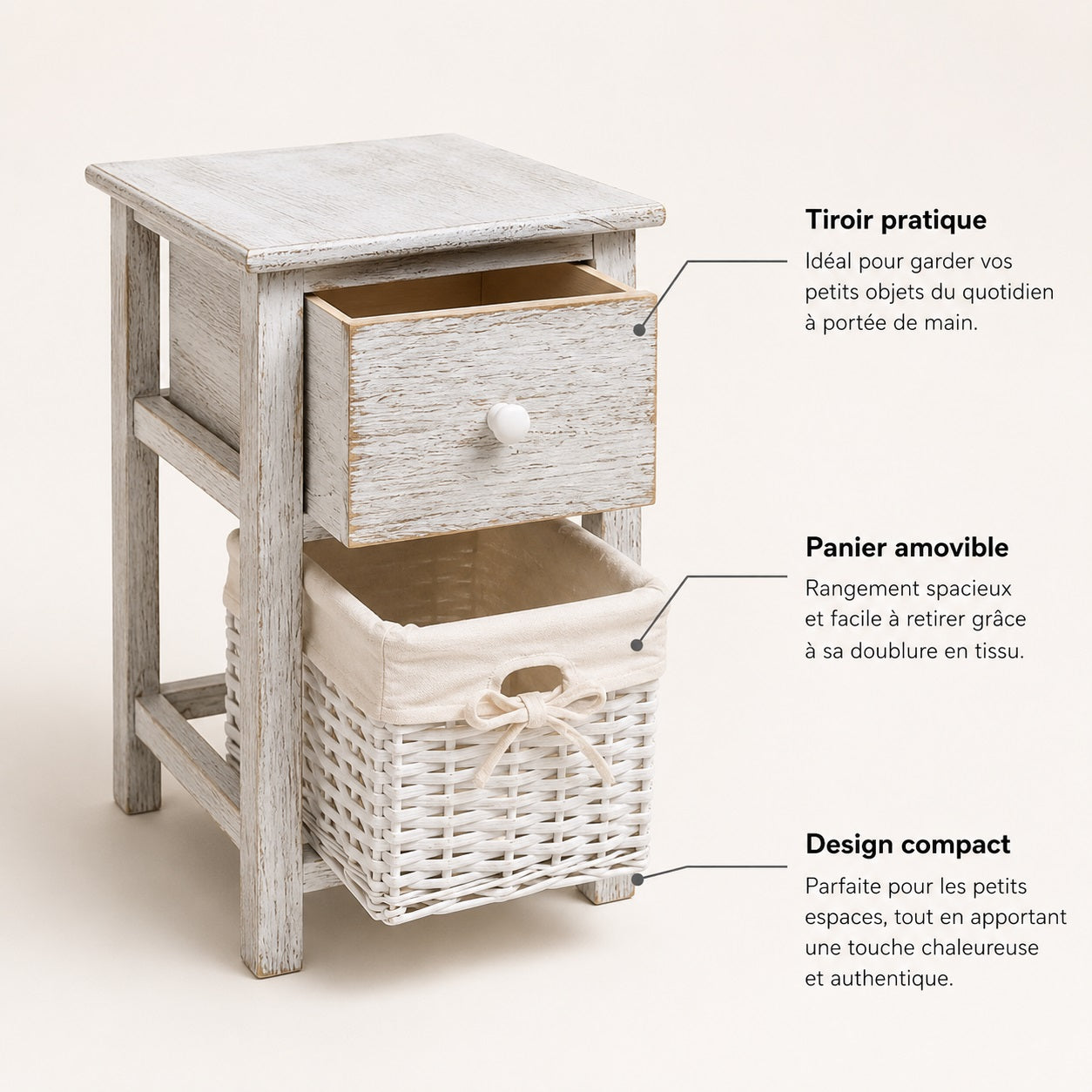 Table de chevet en bois design avec tiroir coulissant et panier amovible pour un rangement pratique.