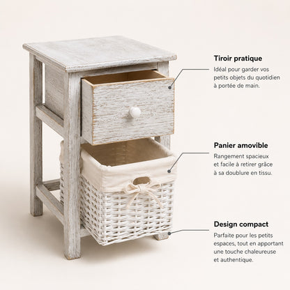 Table de chevet en bois design avec tiroir coulissant et panier amovible pour un rangement pratique.