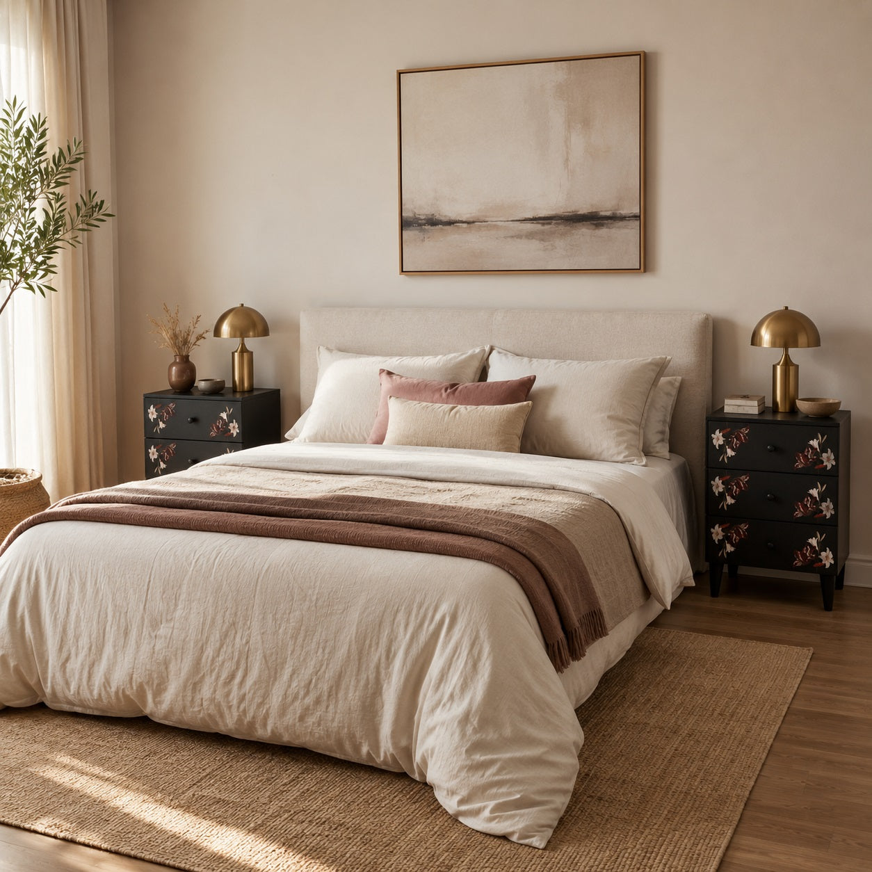 Table de chevet noire design en duo dans une chambre moderne au style chic et chaleureux.