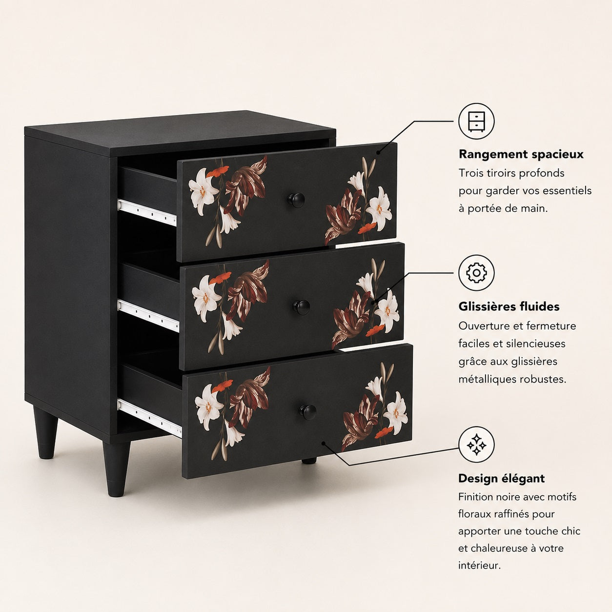 Table de chevet noire design avec trois tiroirs spacieux et glissières fluides pour un rangement pratique.