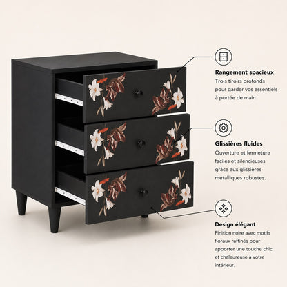 Table de chevet noire design avec trois tiroirs spacieux et glissières fluides pour un rangement pratique.