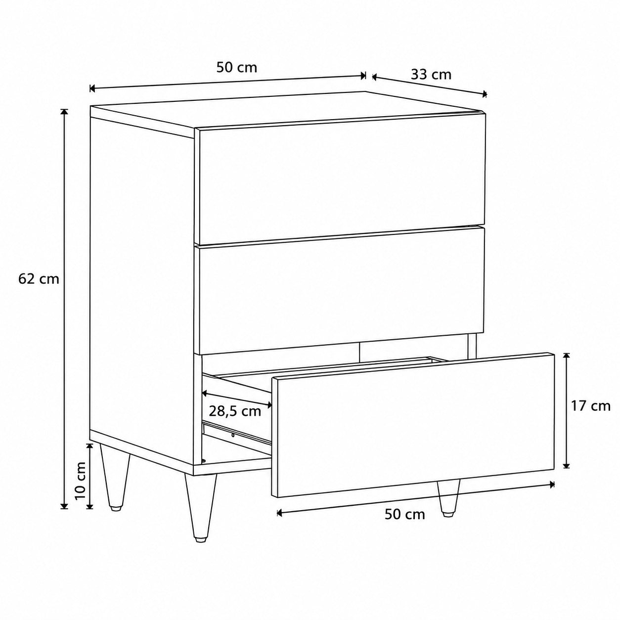 Schéma avec dimensions d'une table de chevet noire design à trois tiroirs et pieds inclinés.