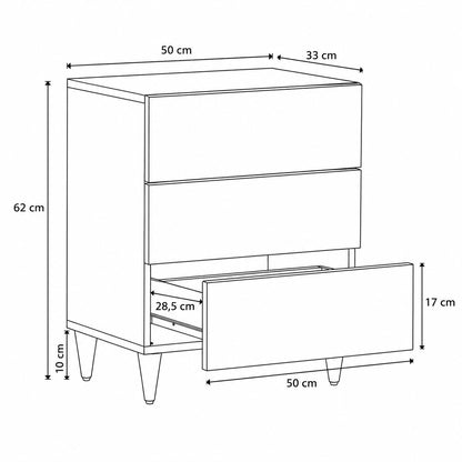 Schéma avec dimensions d'une table de chevet noire design à trois tiroirs et pieds inclinés.