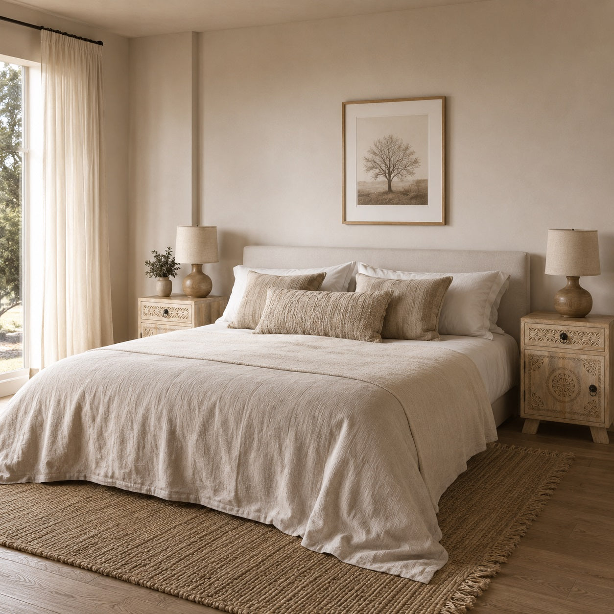 Table de chevet design en bois dans une chambre élégante, table de chevet avec tiroir au style bohème.