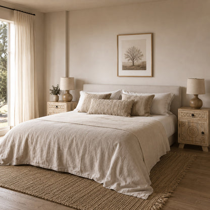 Table de chevet design en bois dans une chambre élégante, table de chevet avec tiroir au style bohème.