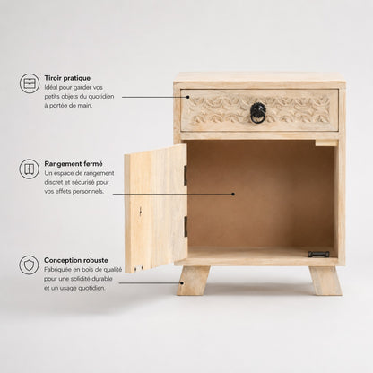 Table de chevet design avec tiroir et rangement fermé, meuble en bois pratique et décoratif.