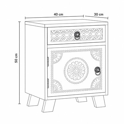 Dimensions de la table de chevet design avec tiroir en bois, meuble compact pour la chambre.