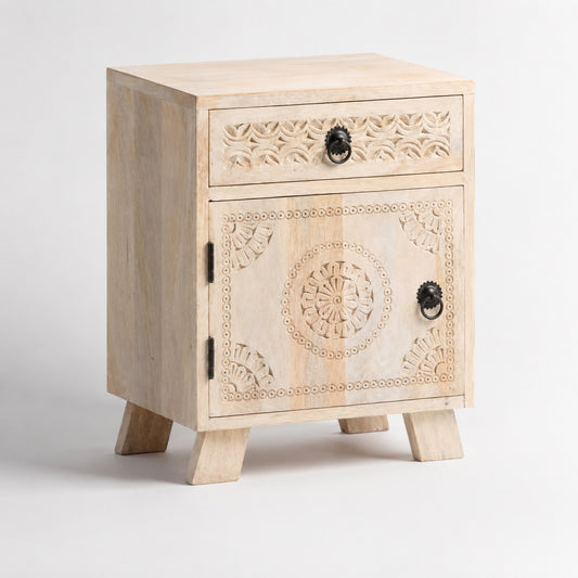 Table de chevet design en bois sculpté, table de chevet avec tiroir et rangement fermé au style bohème.
