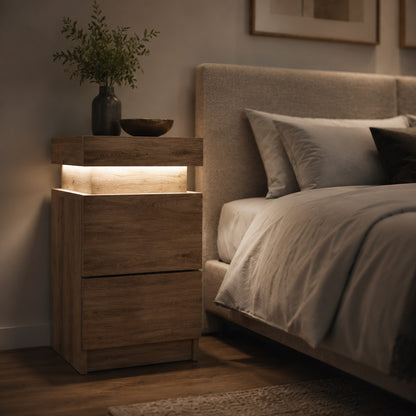 Table de chevet en bois avec LED, idéale pour créer une ambiance douce et contemporaine.