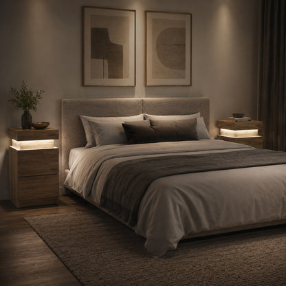 Deux tables de chevet en bois avec LED illuminent une chambre moderne et chaleureuse.