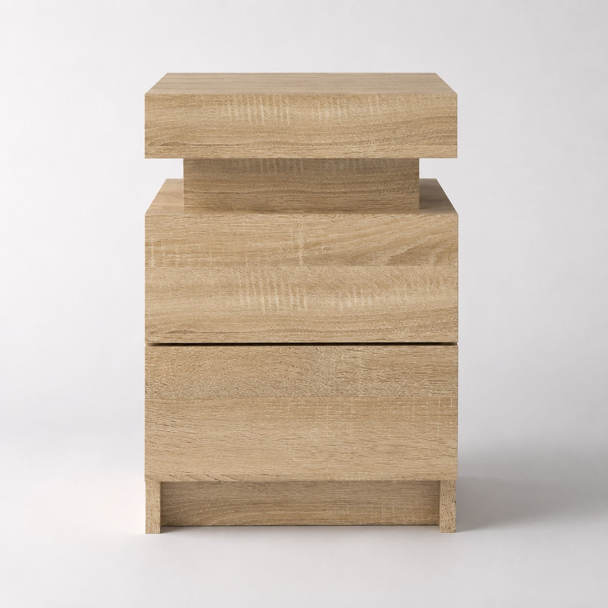 Table de chevet en bois avec LED vue de face, design minimaliste et finition naturelle.