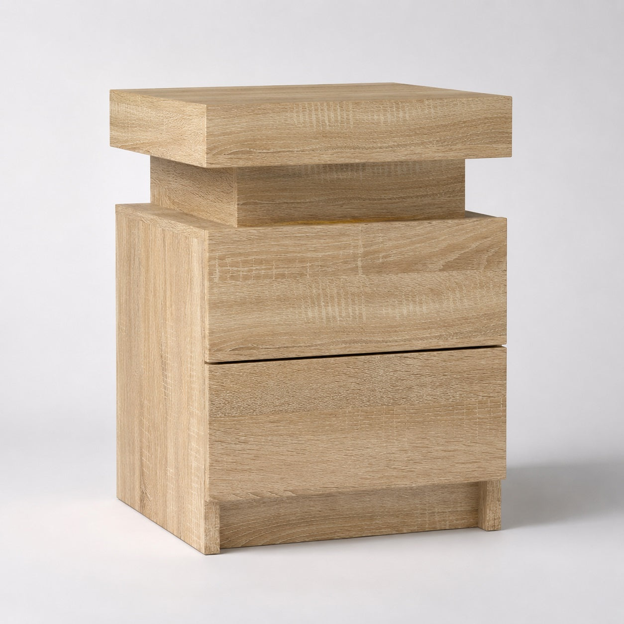 Table de chevet en bois avec LED, finition chêne clair et design contemporain.