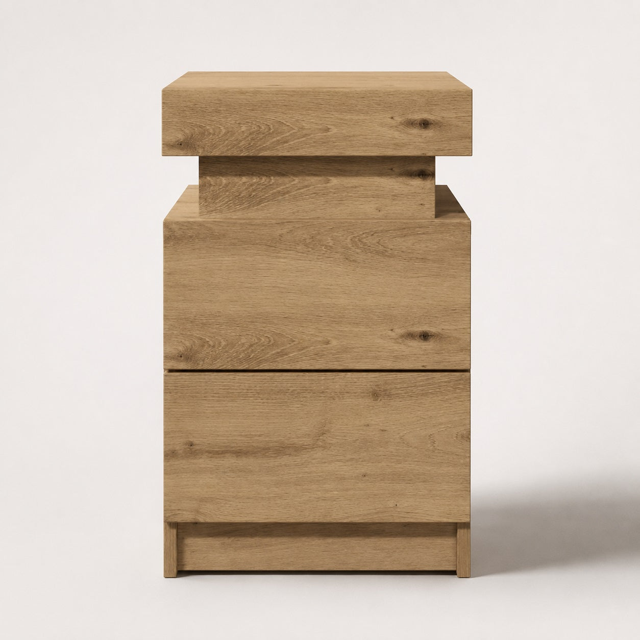 Table de chevet en bois avec LED, éclairage intégré et finition effet chêne pour chambre design.