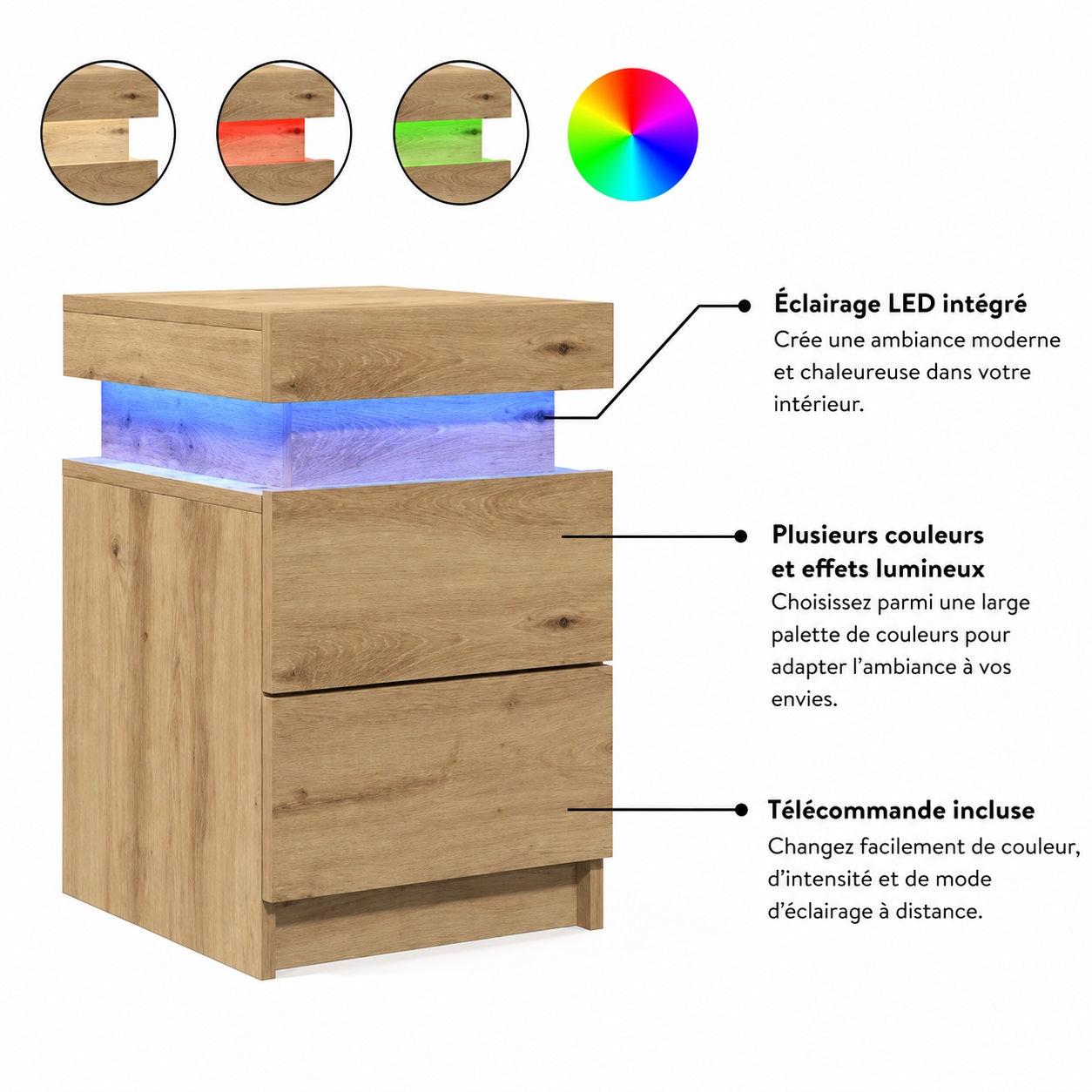 Table de chevet en bois avec LED multicolore, télécommande incluse et éclairage d'ambiance personnalisable.