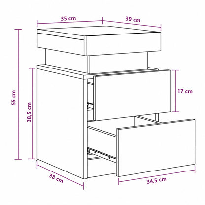 Dimensions de la table de chevet en bois avec LED, deux tiroirs et format compact pour chambre moderne.