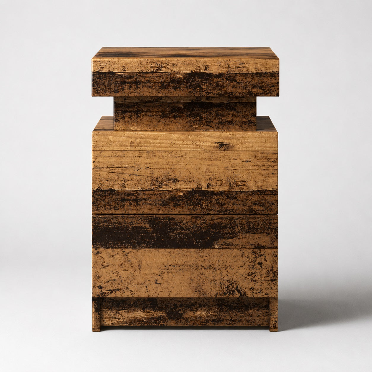 Table de chevet en bois avec LED vue de face, finition vieux bois et design contemporain.