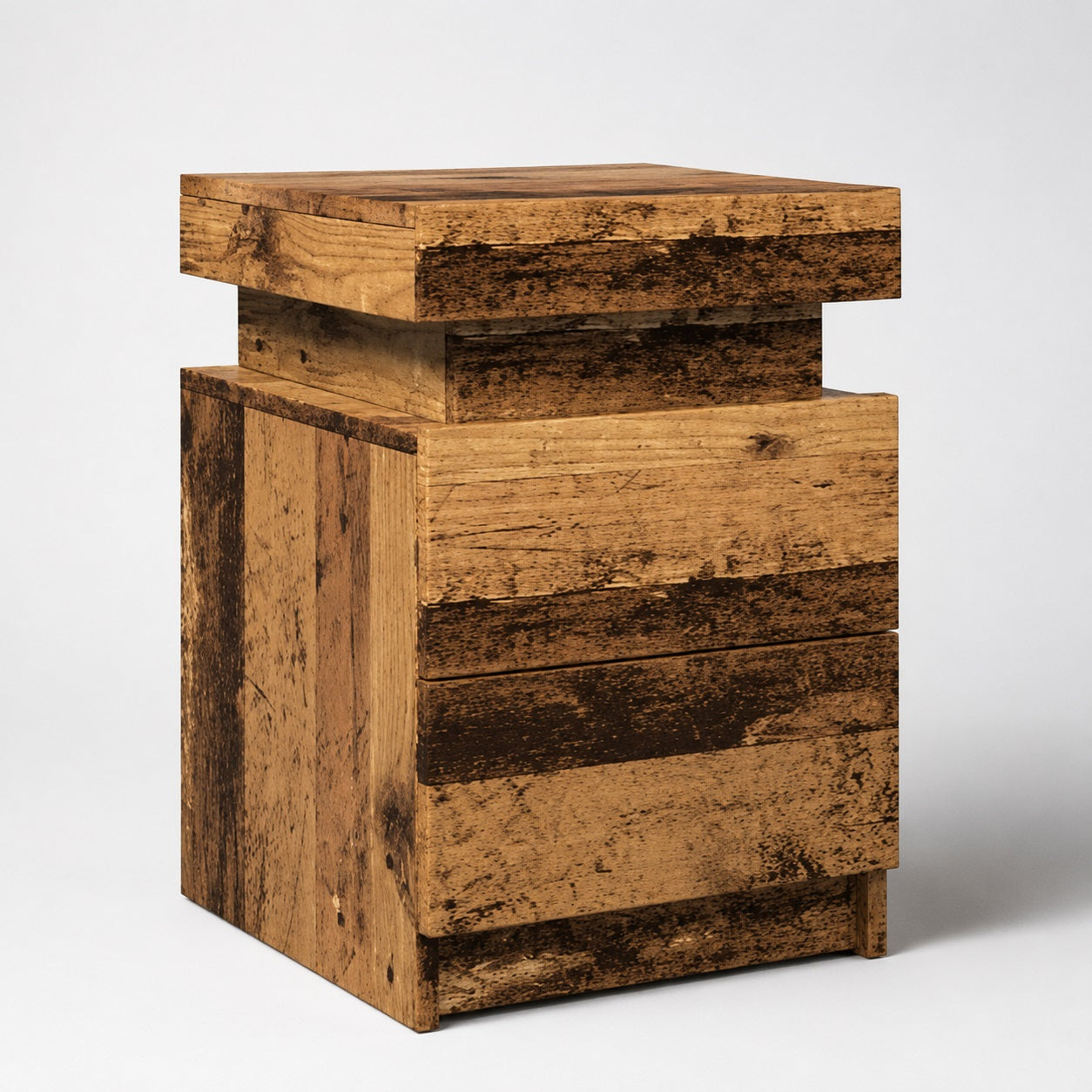 Table de chevet en bois avec LED finition vieux bois, design moderne et deux tiroirs de rangement.