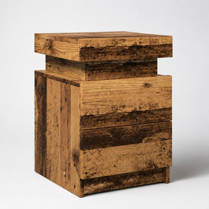 Table de chevet en bois avec LED finition vieux bois, design moderne et deux tiroirs de rangement.
