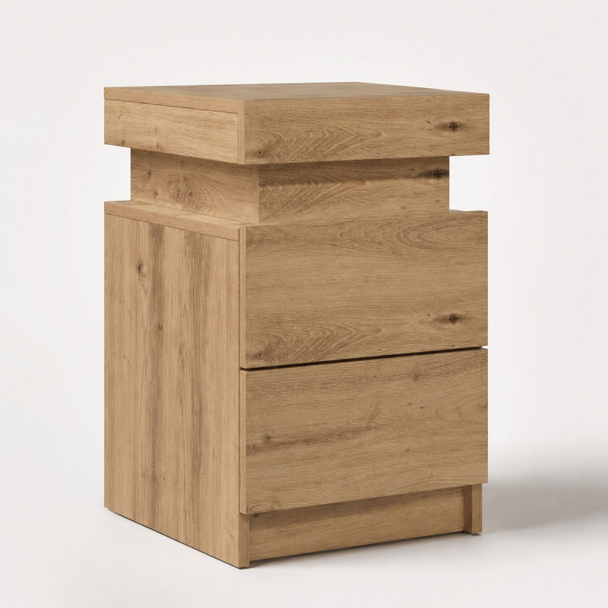 Table de chevet en bois avec LED intégrée, design moderne et deux tiroirs pour une chambre élégante.