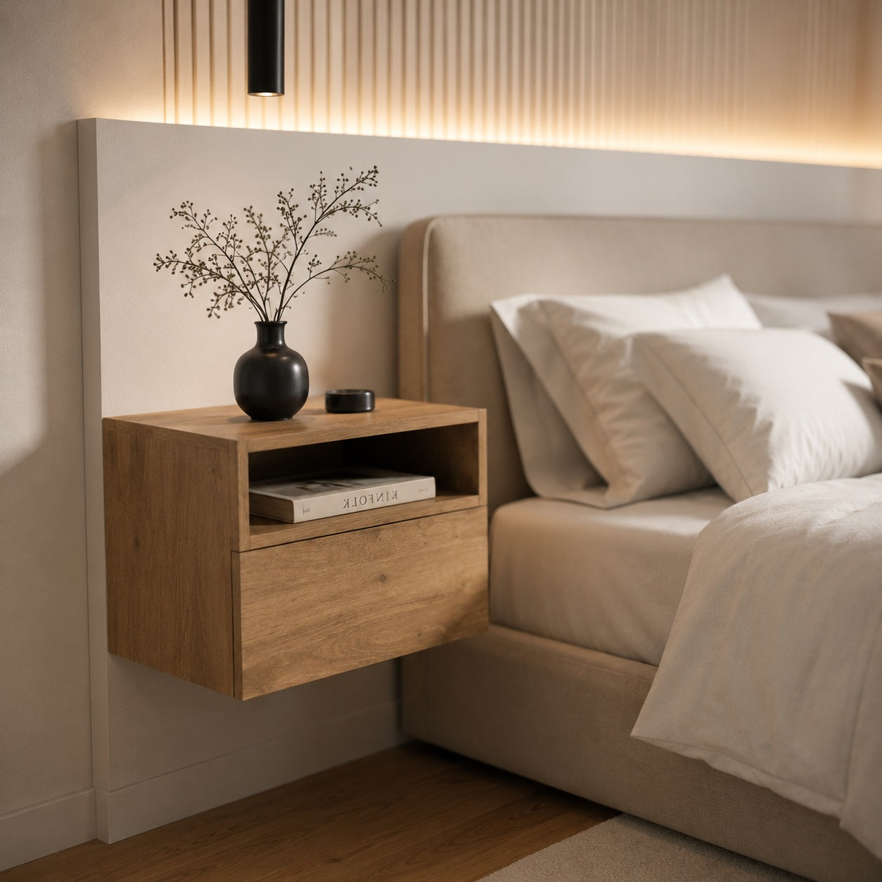 Table de chevet suspendue en bois avec niche ouverte, parfaite pour une chambre contemporaine et chaleureuse.