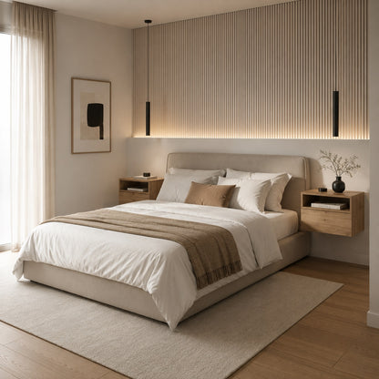 Table de chevet suspendue en bois dans une chambre moderne, idéale pour un espace nuit élégant et épuré.
