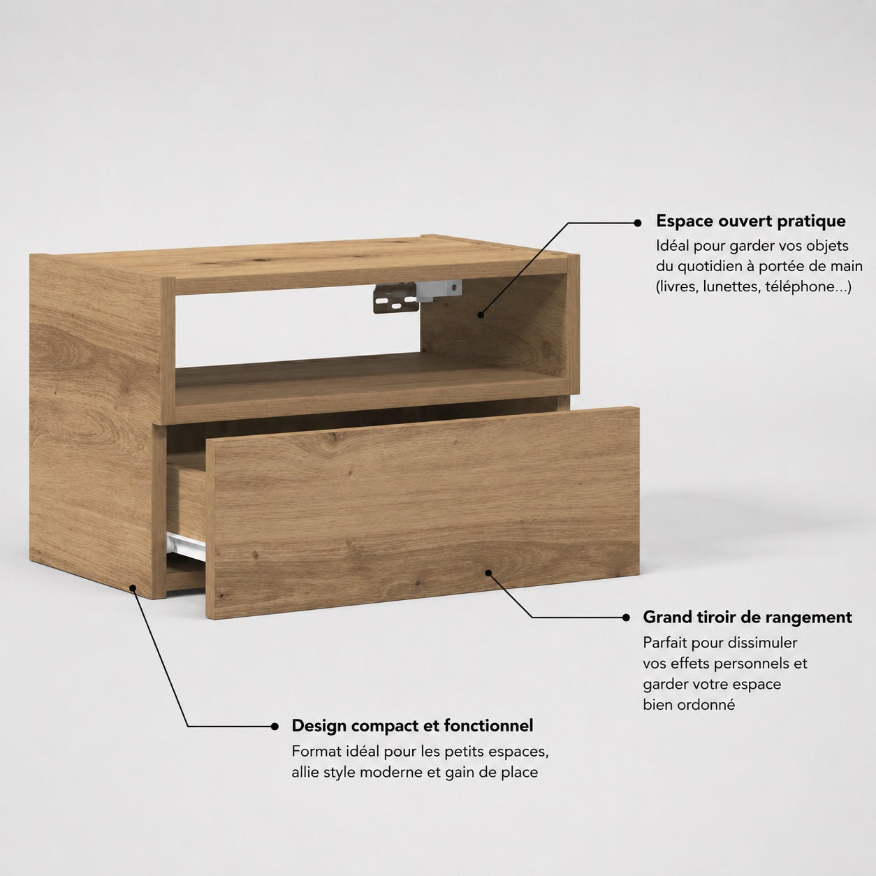 Table de chevet suspendue en bois avec niche ouverte et grand tiroir pour un rangement pratique au quotidien.