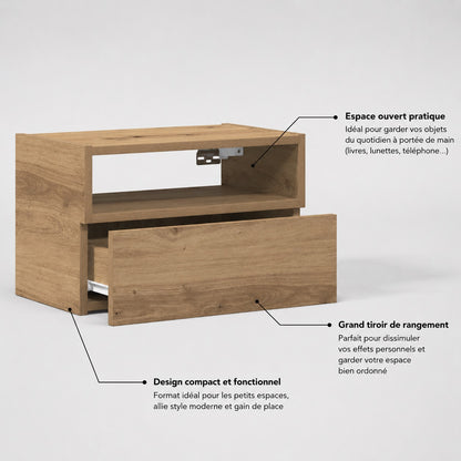 Table de chevet suspendue en bois avec niche ouverte et grand tiroir pour un rangement pratique au quotidien.