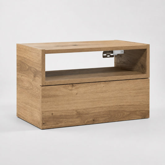 Table de chevet suspendue en bois avec niche ouverte et grand tiroir, design moderne et rangement pratique.