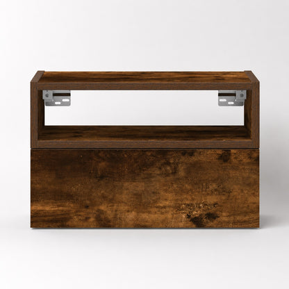 Table de chevet suspendue en bois finition chêne fumé avec niche ouverte et grand tiroir de rangement.