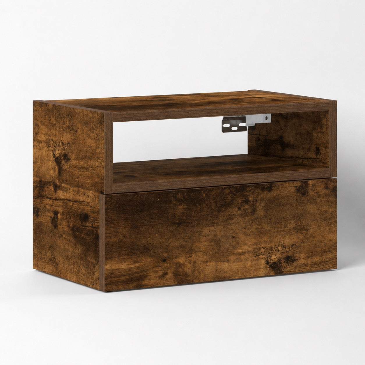 Table de chevet suspendue en bois finition chêne fumé, avec niche ouverte et grand tiroir moderne.