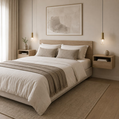 Table de chevet suspendue en bois finition chêne Sonoma dans une chambre élégante et contemporaine.