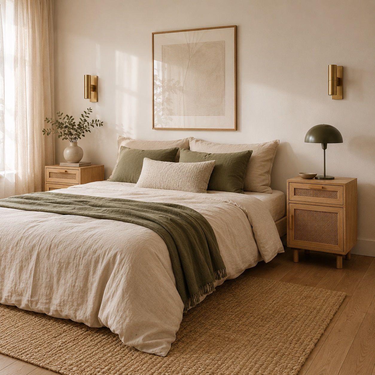 Table de chevet bois avec cannage dans une chambre bohème chic, élégante et chaleureuse.