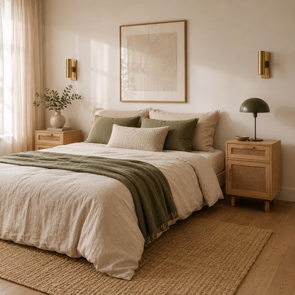Table de chevet bois avec cannage dans une chambre bohème chic, élégante et chaleureuse.