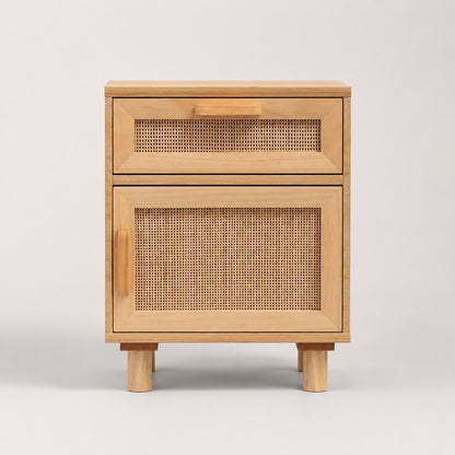 Table de chevet bois avec cannage en bois, design bohème chic avec tiroir et rangement fermé.