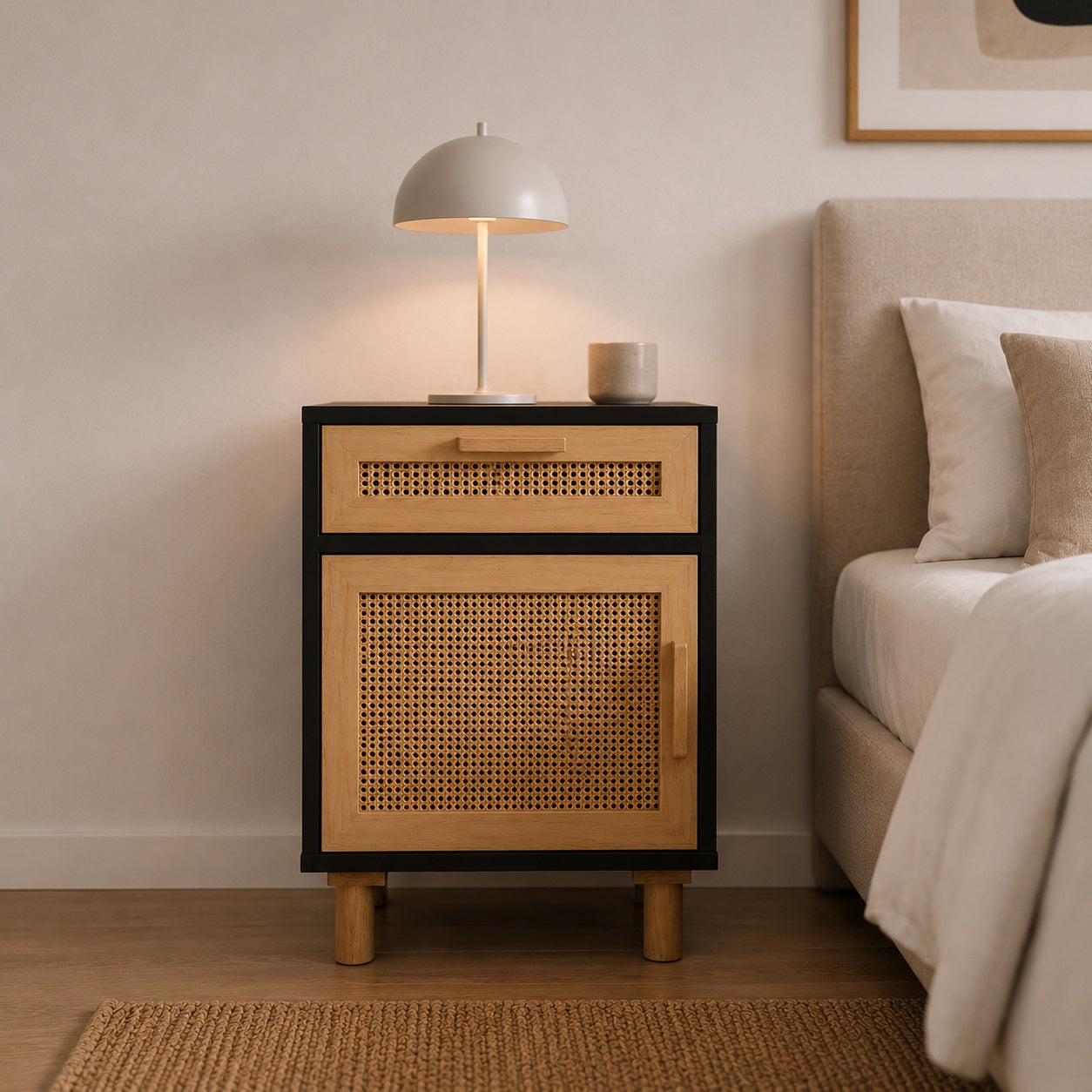 Table de chevet noir avec cannage en bois, parfaite pour une décoration moderne et naturelle.