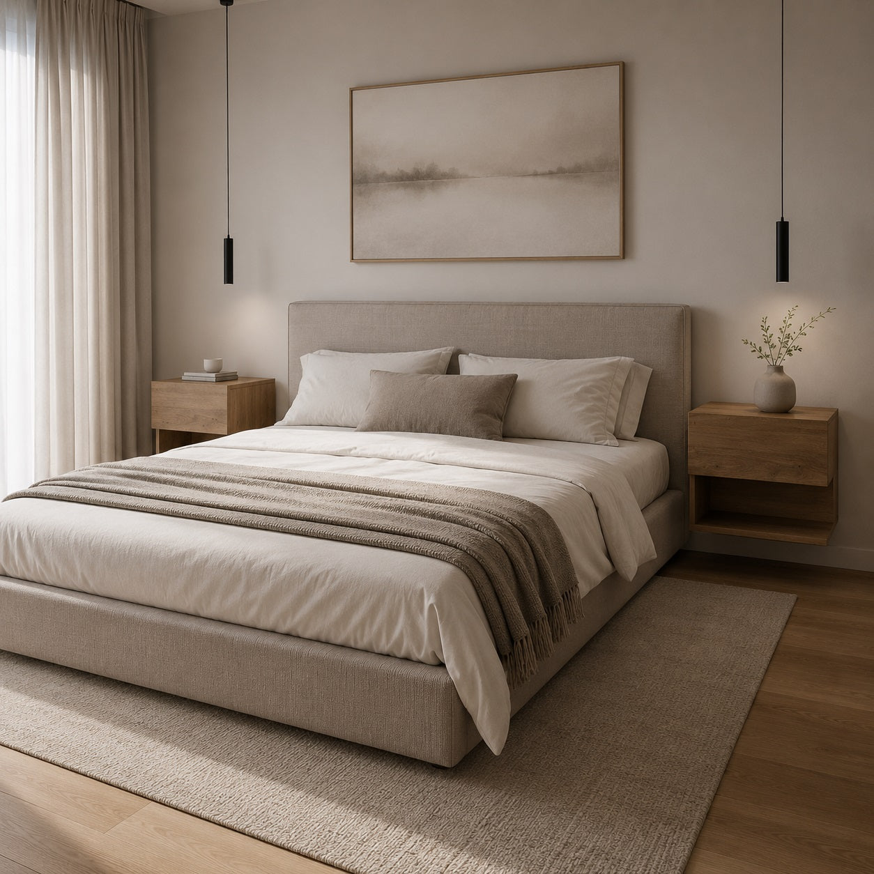 Table de chevet suspendue en bois chêne artisanal intégrée dans une chambre moderne et élégante.
