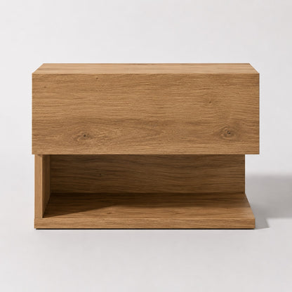 Table de chevet suspendue en bois finition chêne artisanal, vue de face avec niche de rangement.