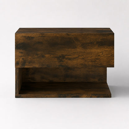 Table de chevet suspendue en bois finition chêne fumé, vue de face avec rangement ouvert.