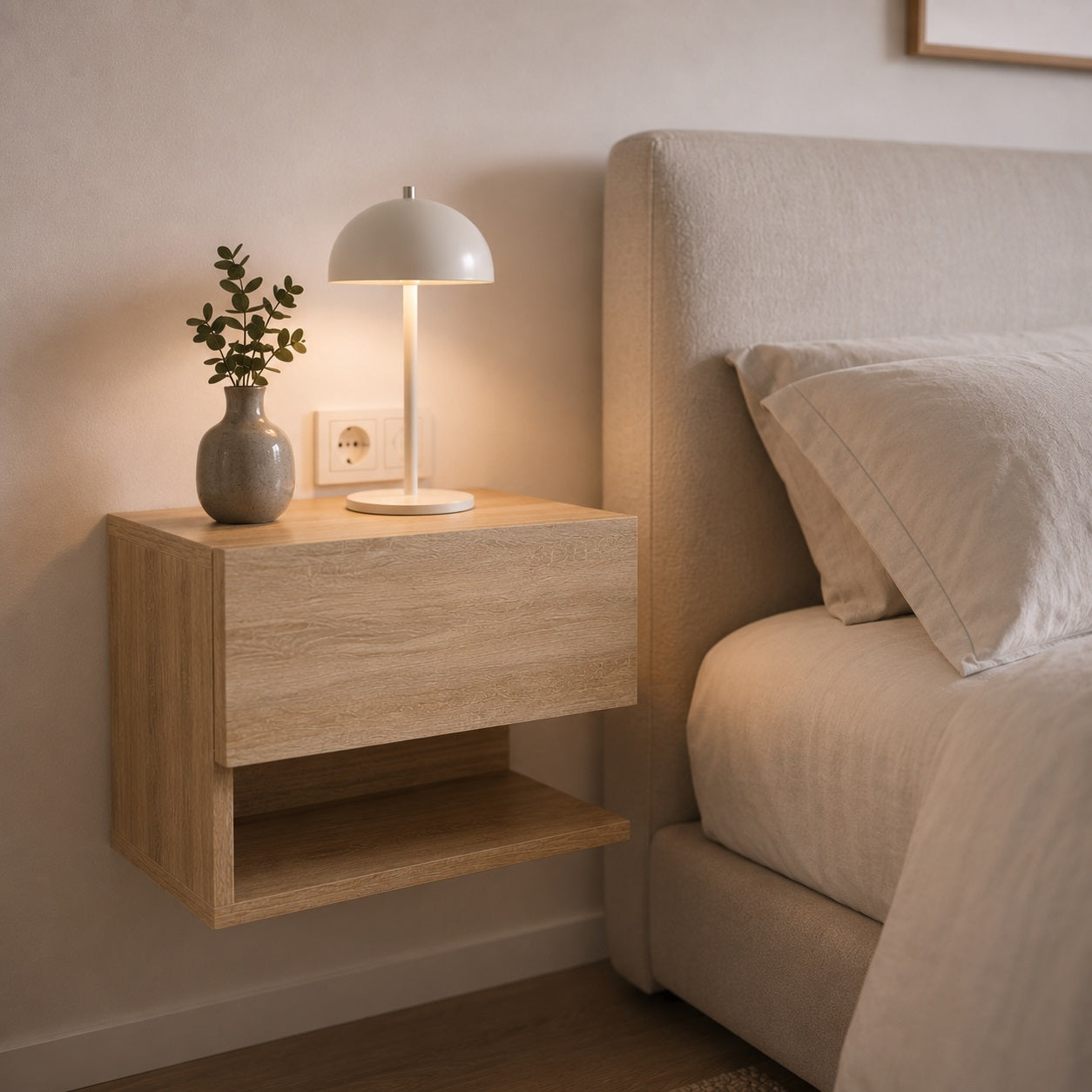 Table de chevet suspendue en bois finition chêne Sonoma avec lampe et décoration minimaliste.